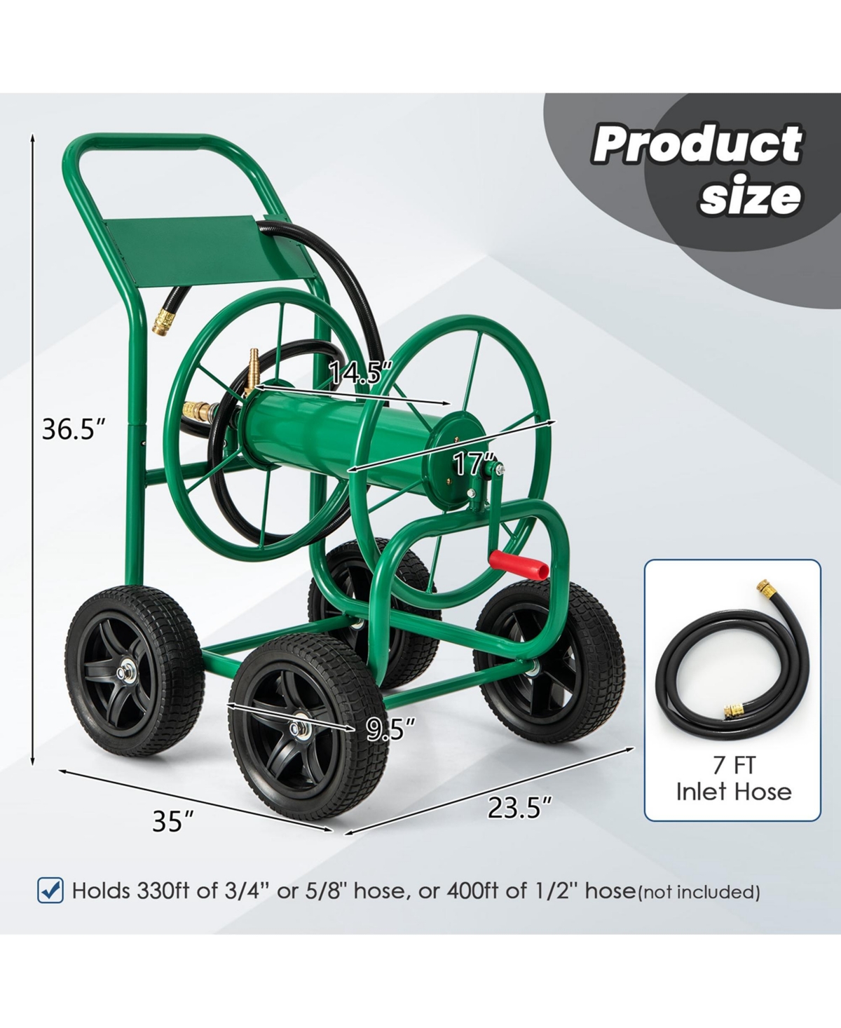 Garden Hose Reel Cart Holds 330ft of 3/4"or 5/8" Hose 400ft of 1/2" Hose