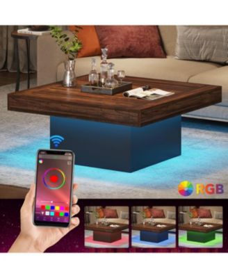 Coffee Table, Square LED Coffee Table, Low Coffee Table for Living Room, Rustic Brown & Black