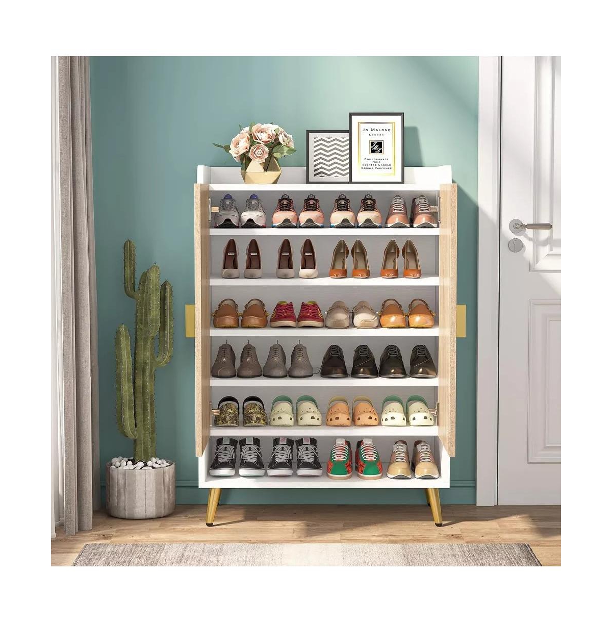 Tribesigns Shoe Cabinet with Doors, Entryway Shoe Storage Cabinet with Adjustable Shelves, Wood Color - White and wood