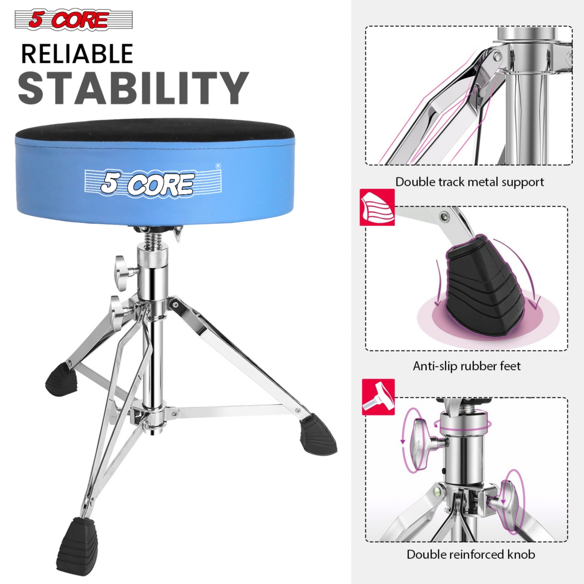 5 Core Drum Throne Padded Guitar Stool Swivel Height Adjustable Professional Music Chair For Adults And Kids w Anti Slip Rubber Feet