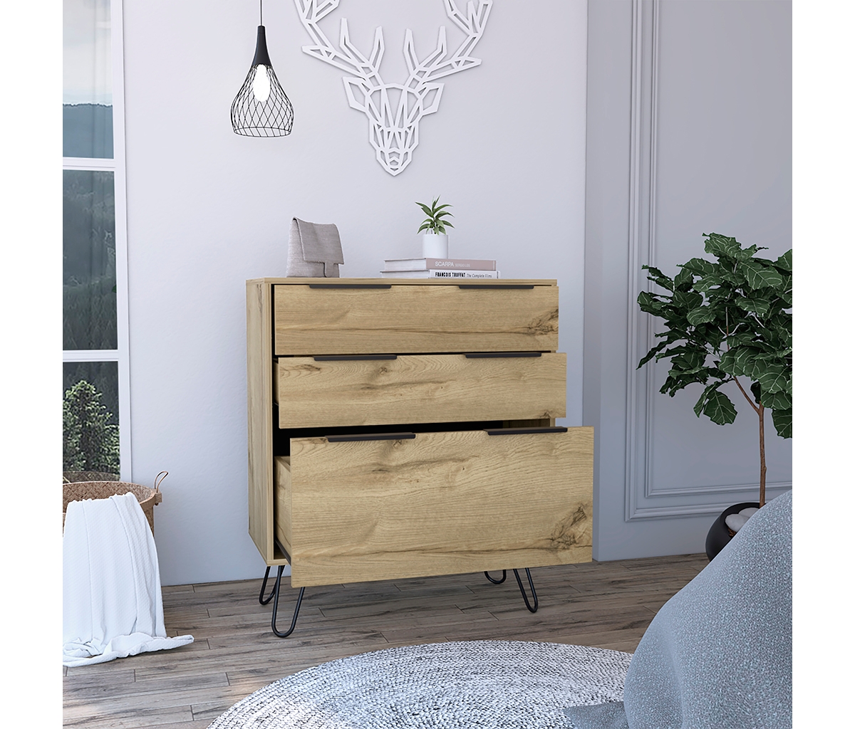 Streamdale Furniture Augusta Dresser, Hairpin Legs, Three Drawers, Superior Top - Light Oak