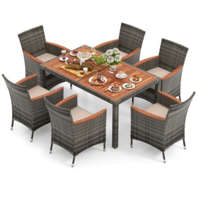 7 Pieces Outdoor Wicker Dining Set with Acacia Wood Table and 6 Armchairs