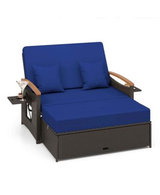 Patio Rattan Daybed Set with Cushioned Loveseat & Storage Ottoman for Porch