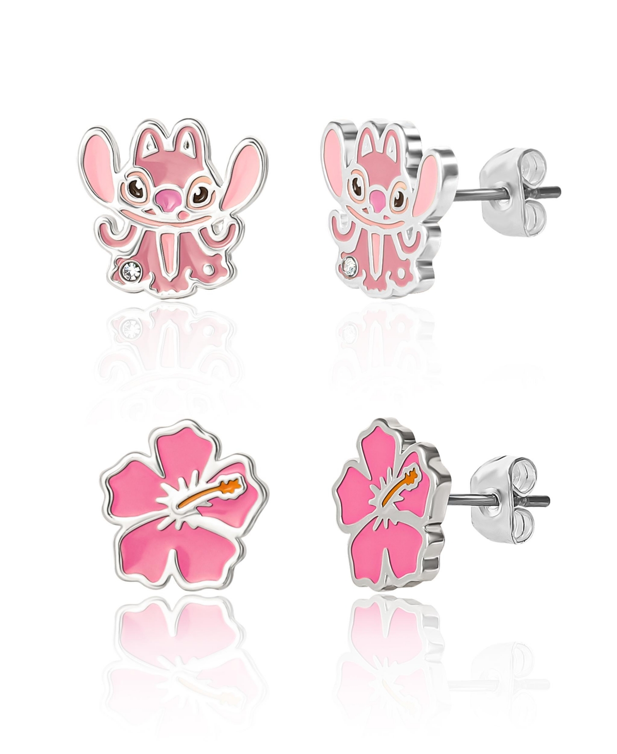 Lilo and Stitch Silver Plated Angel & Flower Stud Earring Set - Pink
