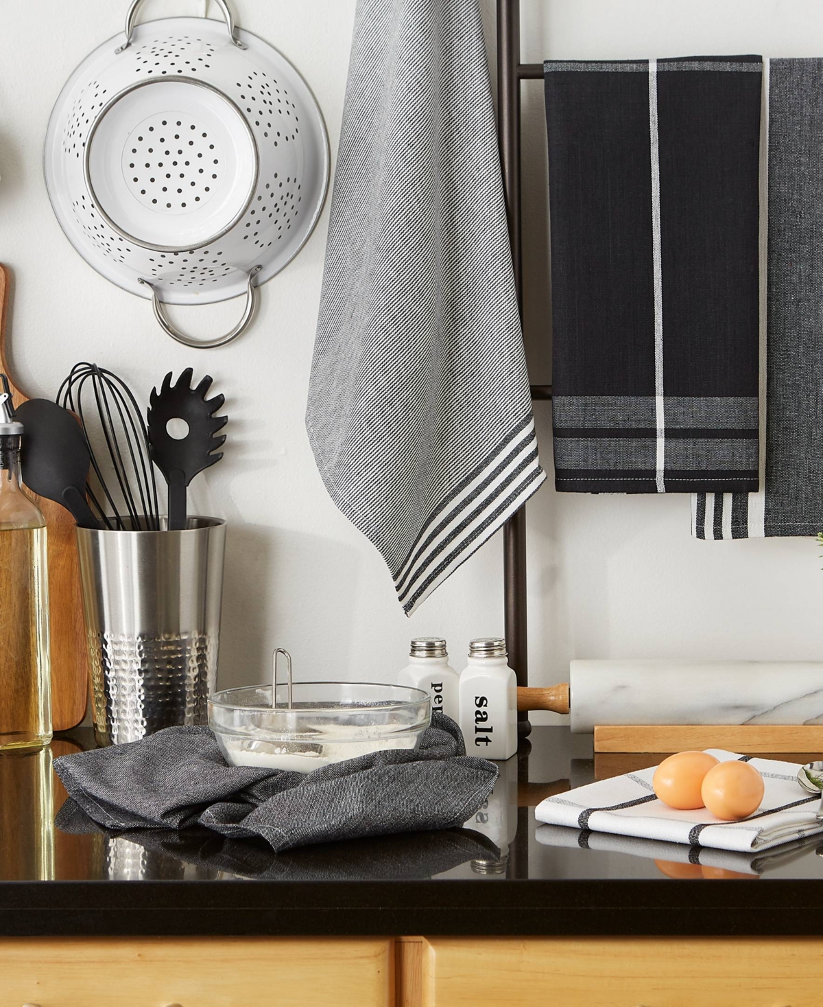 Design Imports Assorted Woven Dishtowel Collection Classic Oversized, 20x28", Black, 5 Piece In Black