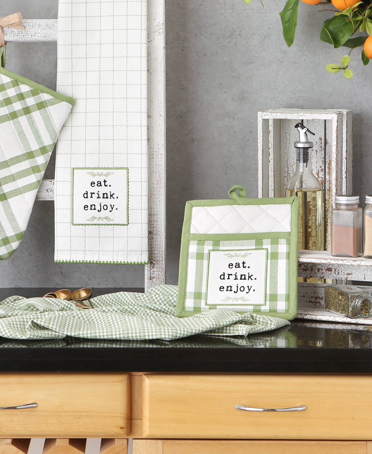 Design Imports Home Sweet Farmhouse Kitchen Collection, Potholder/oven Mitt/dishtowel Set, Antique Green, 4 Count In Antique Green