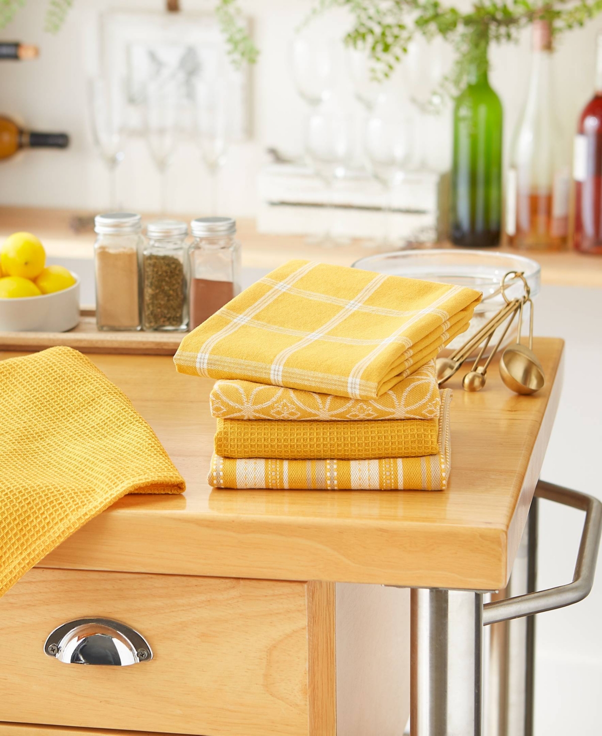 Design Imports Assorted Woven Kitchen Set, Dishtowel, 18x28", Dishcloth, 13x13", Honey Gold, 5 Piece In Honey Gold