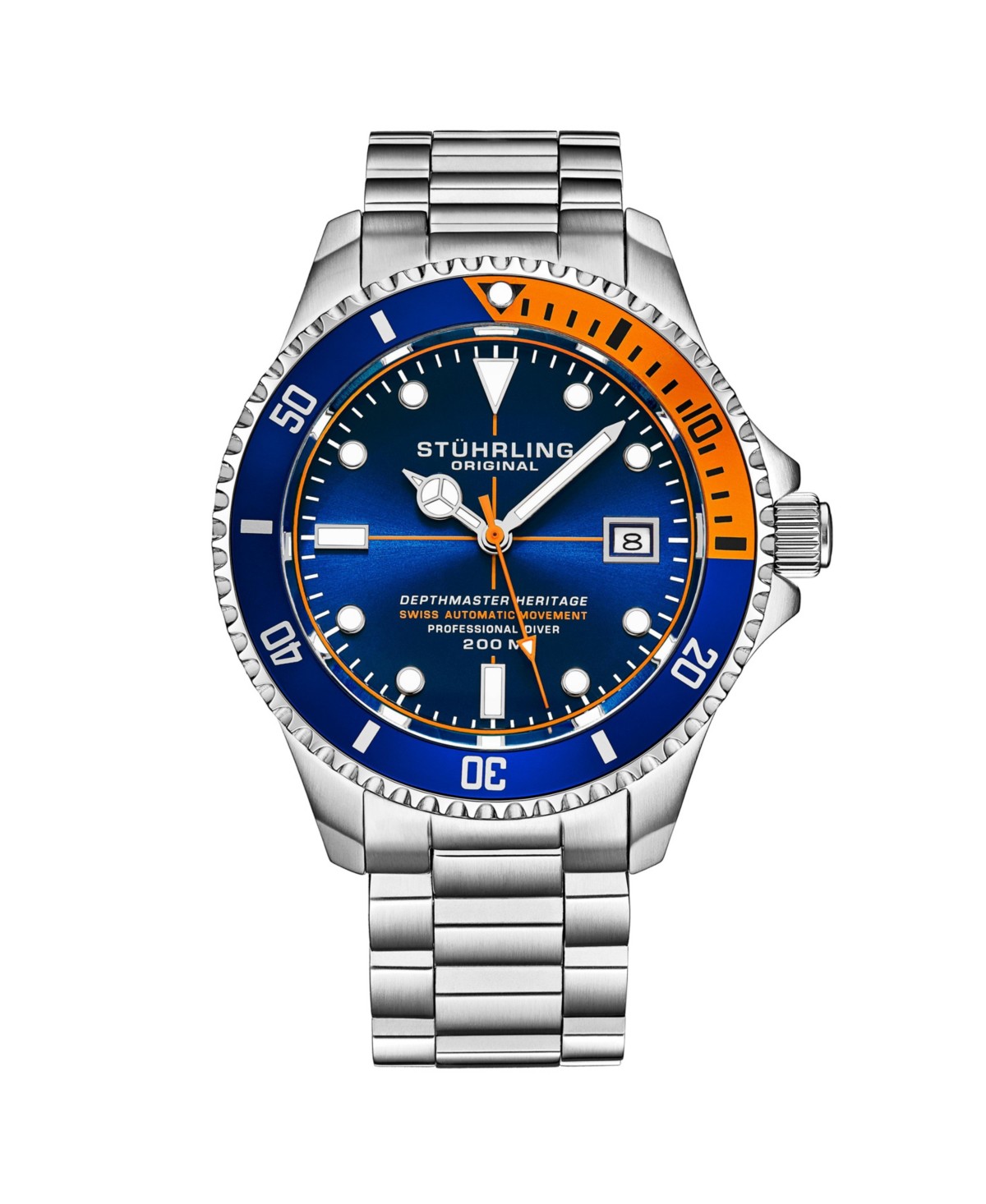 Stuhrling Men s Depthmaster Heritage 42mm Swiss Automatic Diver Watch, Black Dial, Orange Bezel, Stainless Steel Bracelet, 200M WR — фото 1