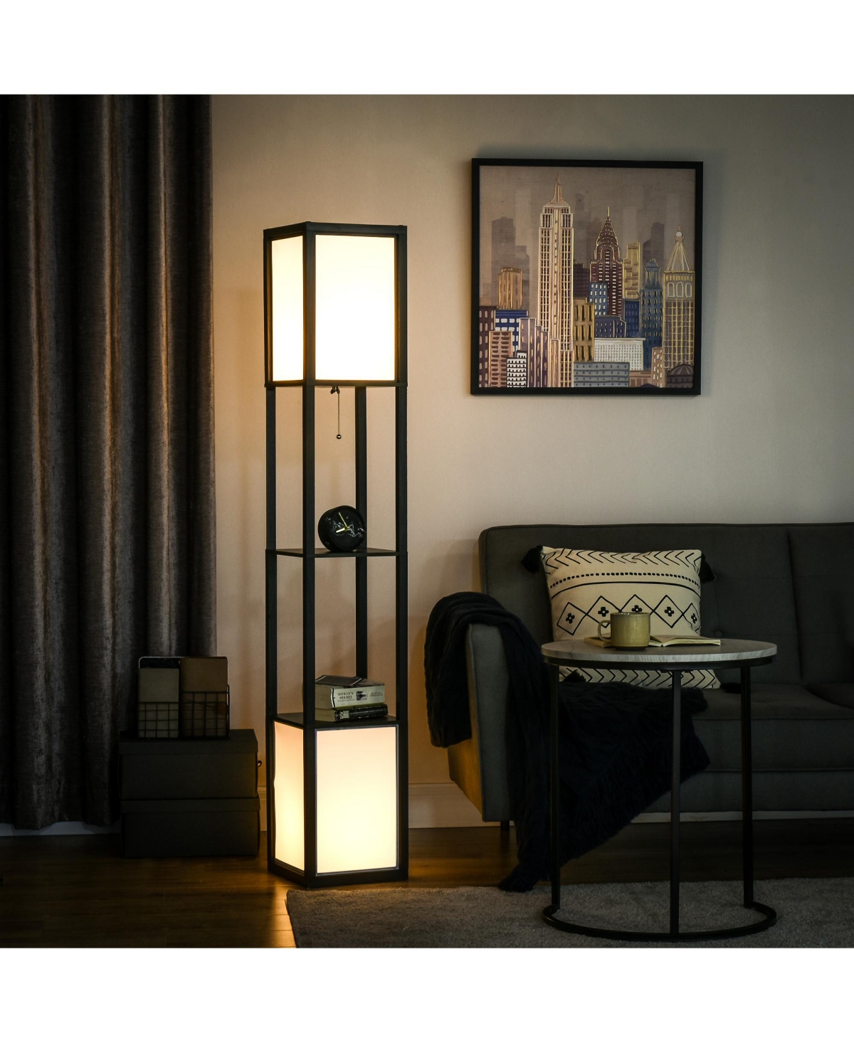 Homcom Floor Lamp with Shelves, Dual Light, Modern Tall Standing Lamps for Living Room, Bedroom, with Fabric Lampshade (Bulb not Included),- Bl