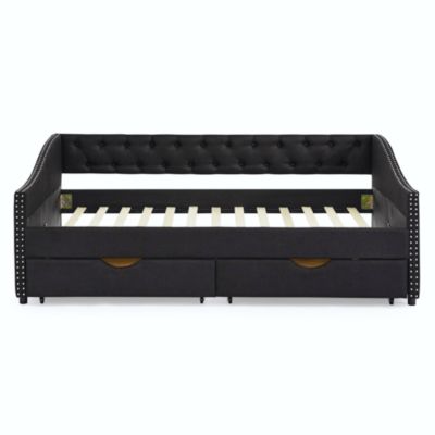 Upholstered Tufted Daybed with Drawers and Copper Nail Detail