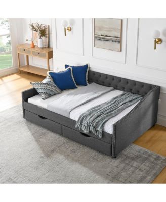  Upholstered Tufted Daybed with Drawers and Copper Nail Detail