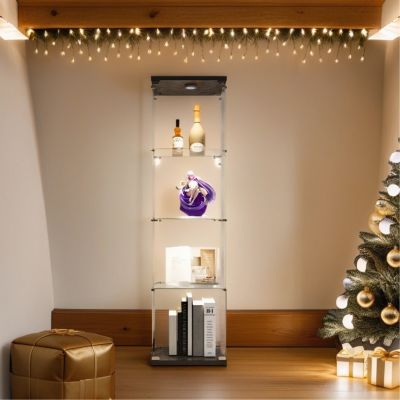  Black Glass Display Cabinet with 4 Lighted Shelves and Door