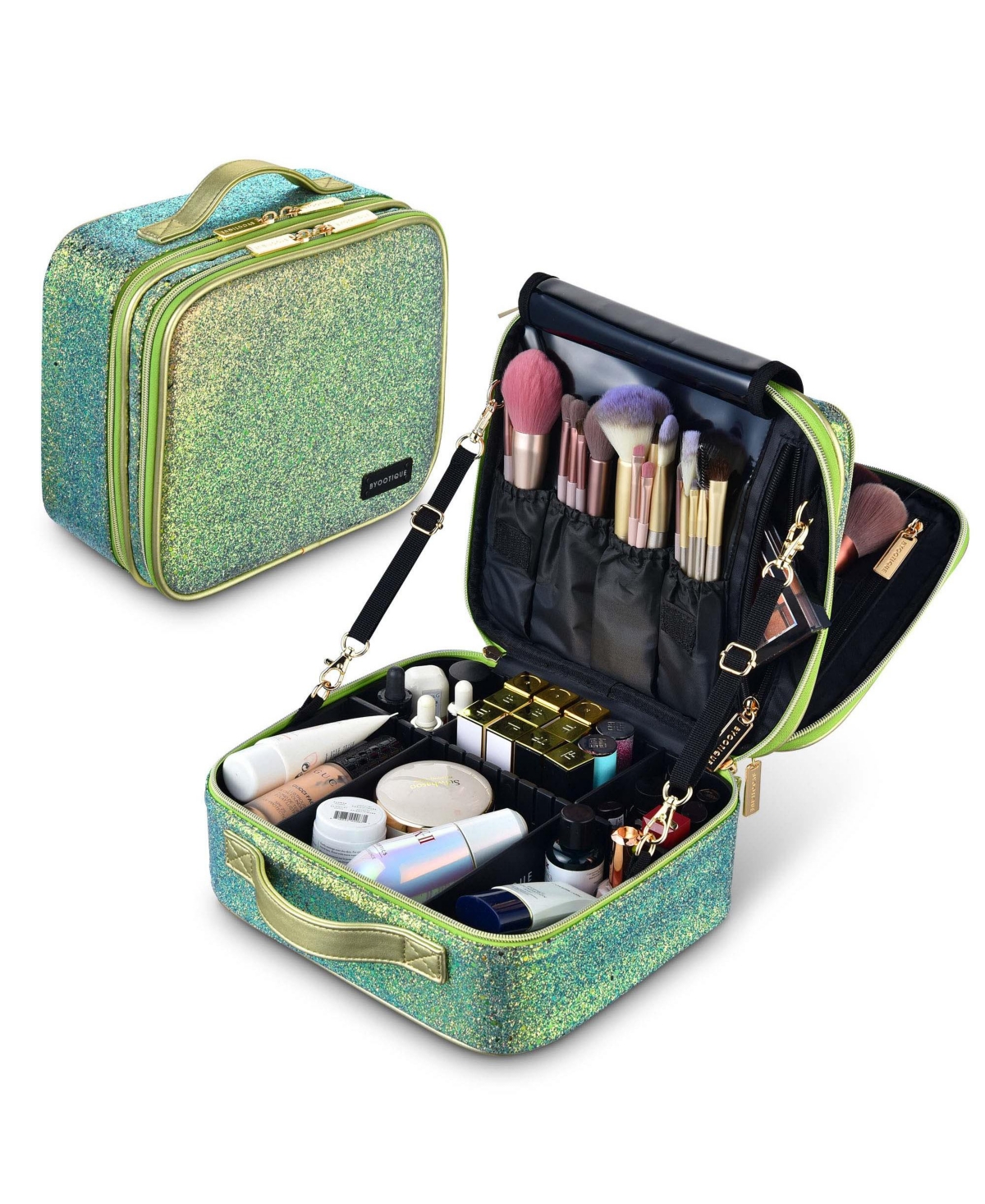 Byootique Portable Glitter Makeup Train Case Brush Holder Cosmetic Bag Travel - Glitter silver