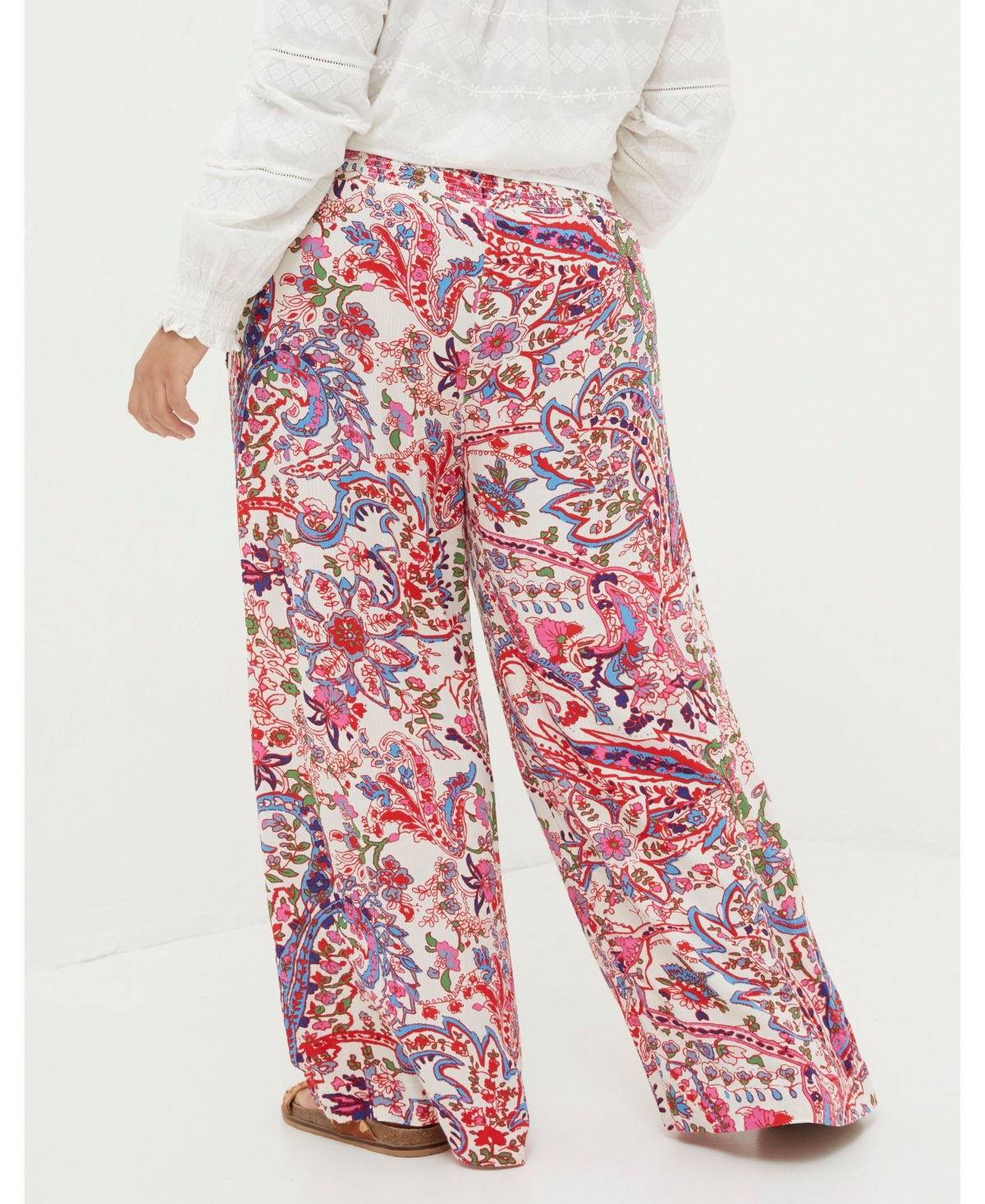 FatFace Plus Size Shirred Bright Paisley Palazzo Trousers