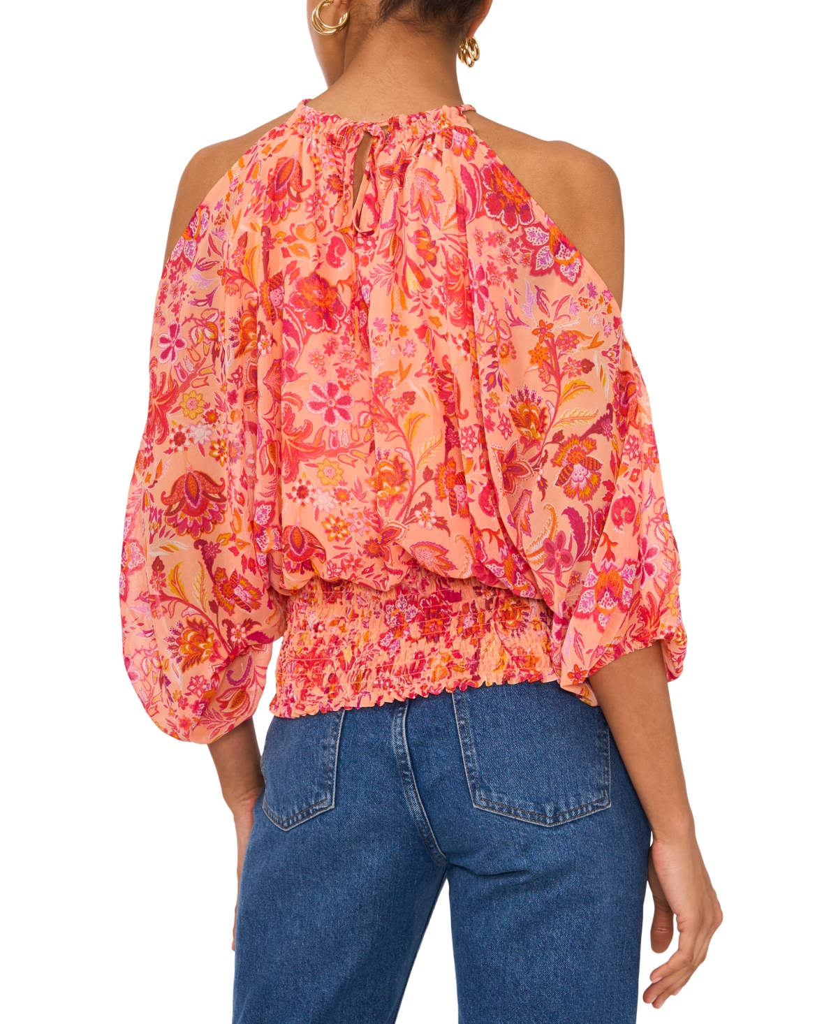 Sam & Jess Women's Cold-Shoulder Printed Smocked-Waist Top - Pink