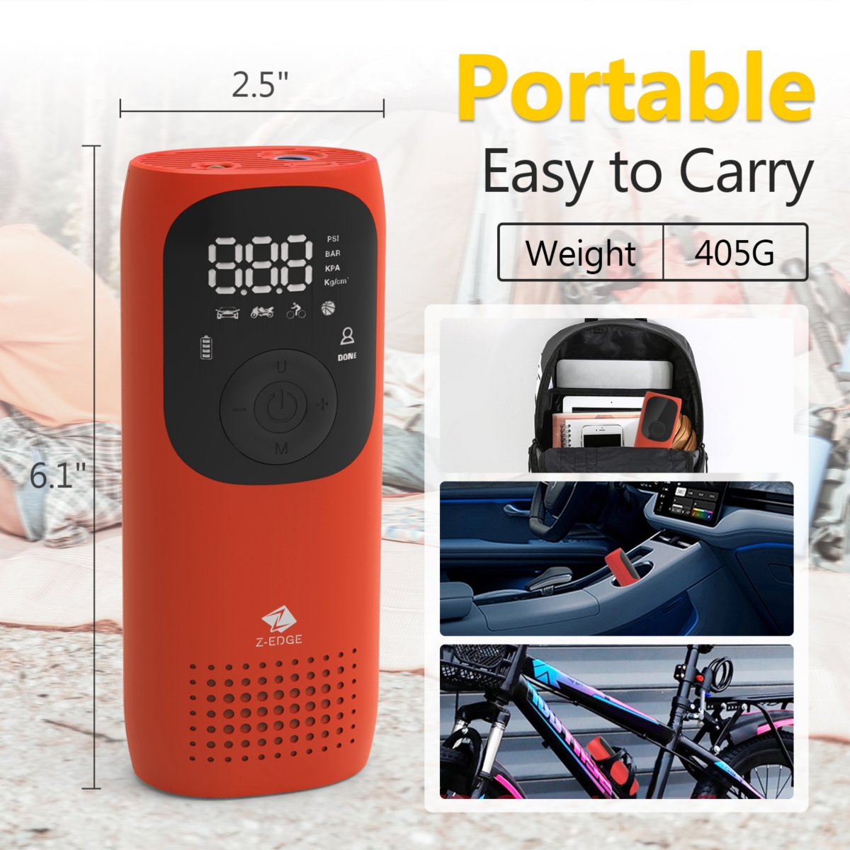 Z-edge Rechargeable 2000mAh 150PSI Portable Tire Inflator Pump