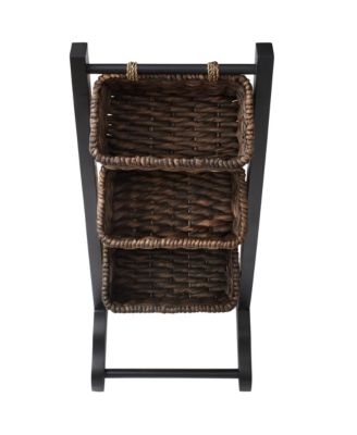 3-Tier Floor Stand Rack with Hanging Storage Baskets, Walnut/Espresso - Wood Tower Organizer for Bathroom, Kitchen, Laundry, Living Room