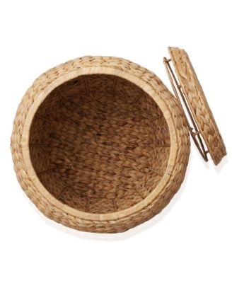 Round Storage Basket with Lid, Natural - Handwoven Water Hyacinth Hamper Organizer for Laundry, Blankets, Plants