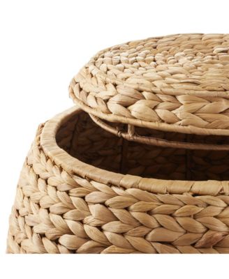 Round Storage Basket with Lid, Natural - Handwoven Water Hyacinth Hamper Organizer for Laundry, Blankets, Plants