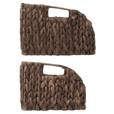 (Set of 2) Water Hyacinth Pantry Baskets with Handles - Natural, Medium and Large Size Woven Storage Baskets for Kitchen Shelves