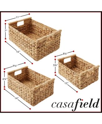 (Set of 3) Water Hyacinth Rectangular Storage Baskets with Wooden Handles - Small, Medium, Large Woven Nesting Baskets