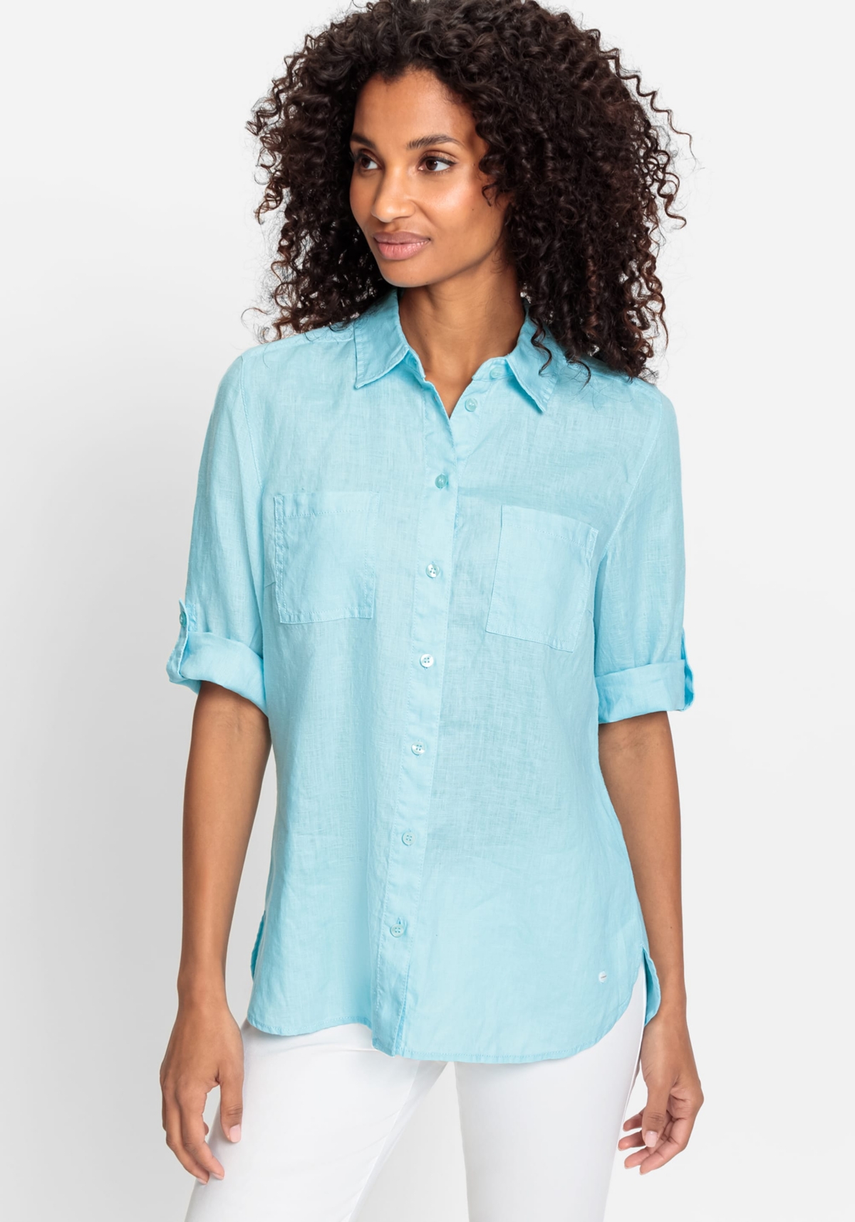 Olsen Women's Cotton Linen Shirt with Rolled Sleeve Tab Detail