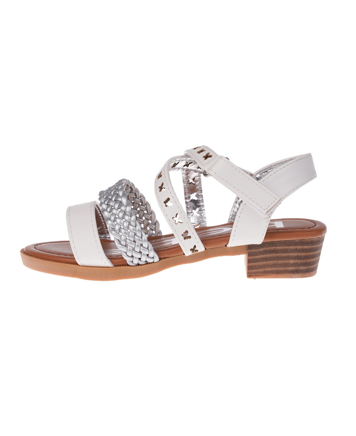 Bebe Big Girl's Stack Heel Sandal with Metallic Weaved Strap and Butterfly Chop Out Polyurethane Sandals