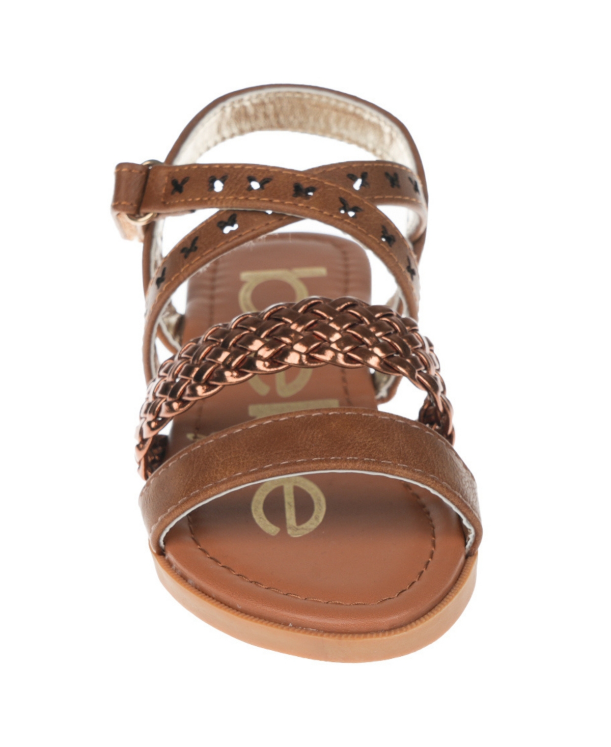 Bebe Big Girl's Stack Heel Sandal With Metallic Weaved Strap And Butterfly Chop Out Polyurethane Sandals In Brown