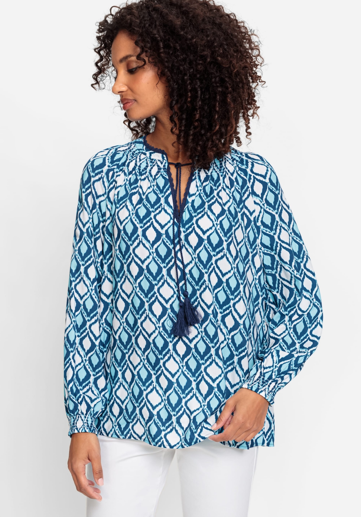 Women's Long Sleeve Ikat Print Tunic Blouse - Light turquoise