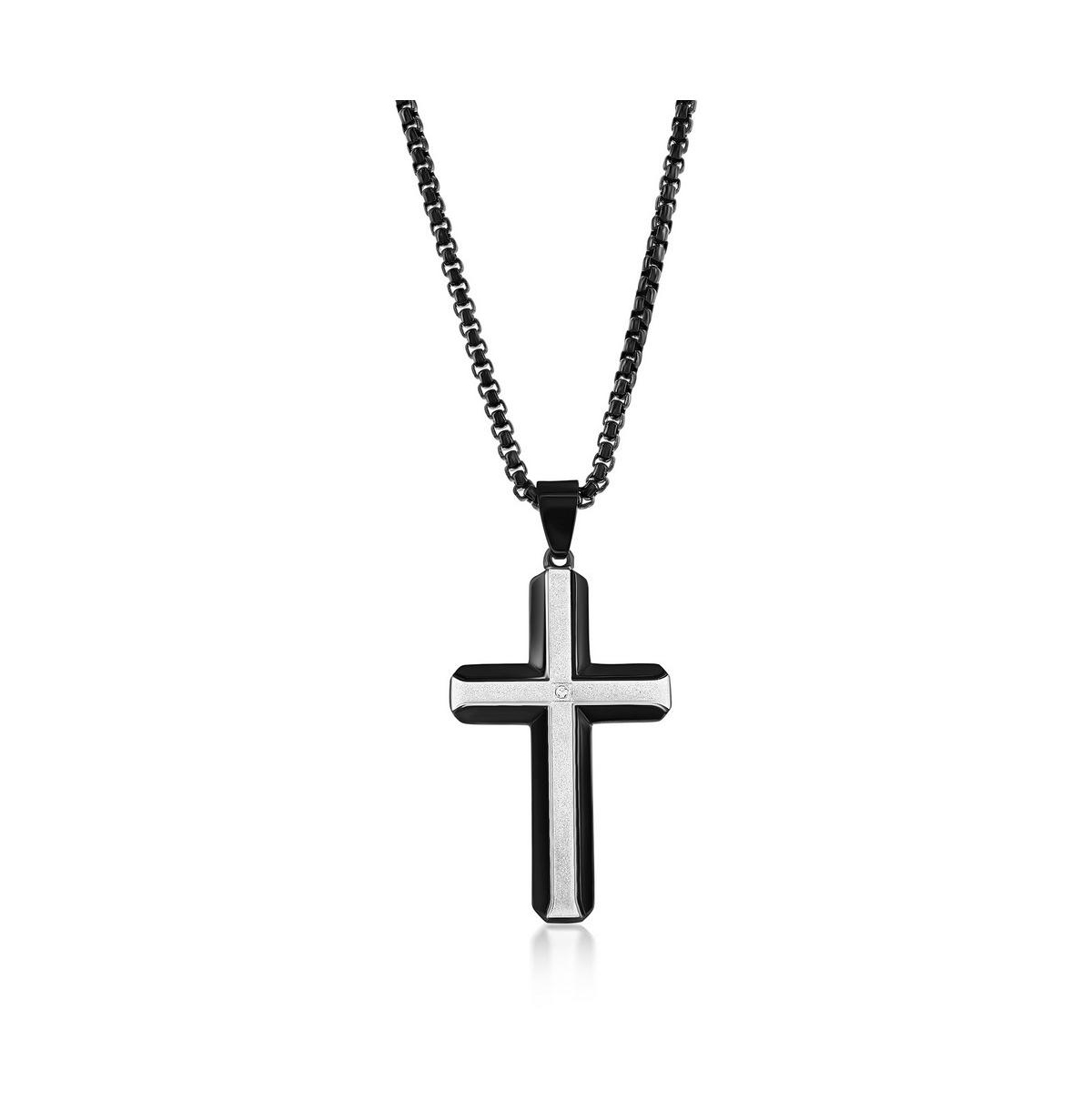 Stainless Steel Sand Blasted Single Cz Cross Black Plated Necklace - Black
