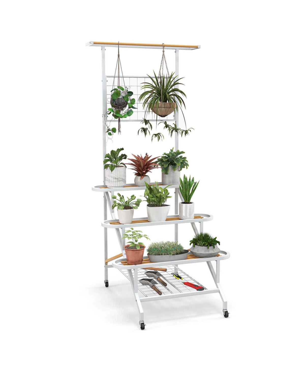 4-Tier Hanging Plant Stand Ladder Plant Shelf with Hanging Bar & Trellis - White