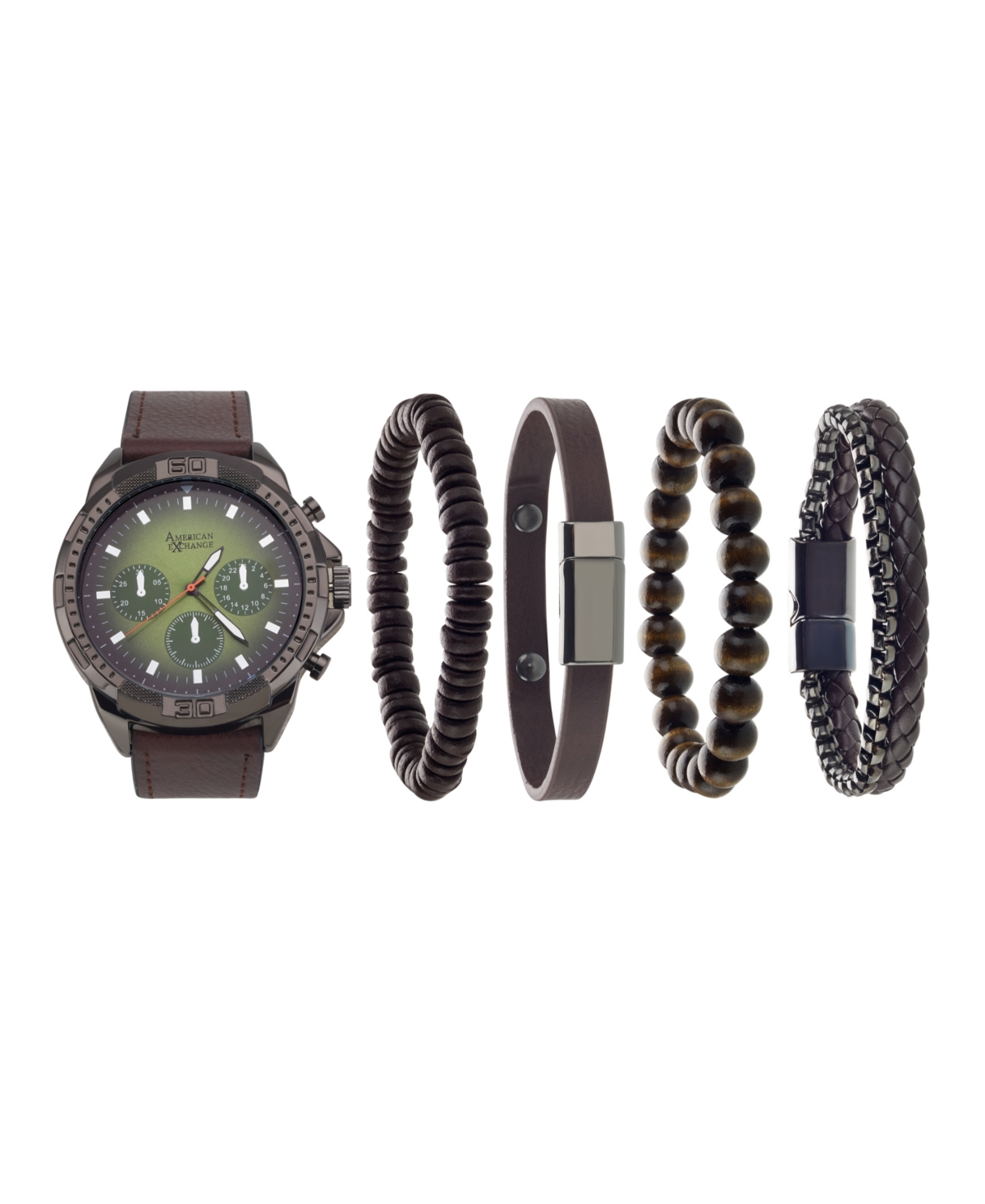 Men's Cognac Faux-Leather Strap Watch 51mm Gift Set - Brown