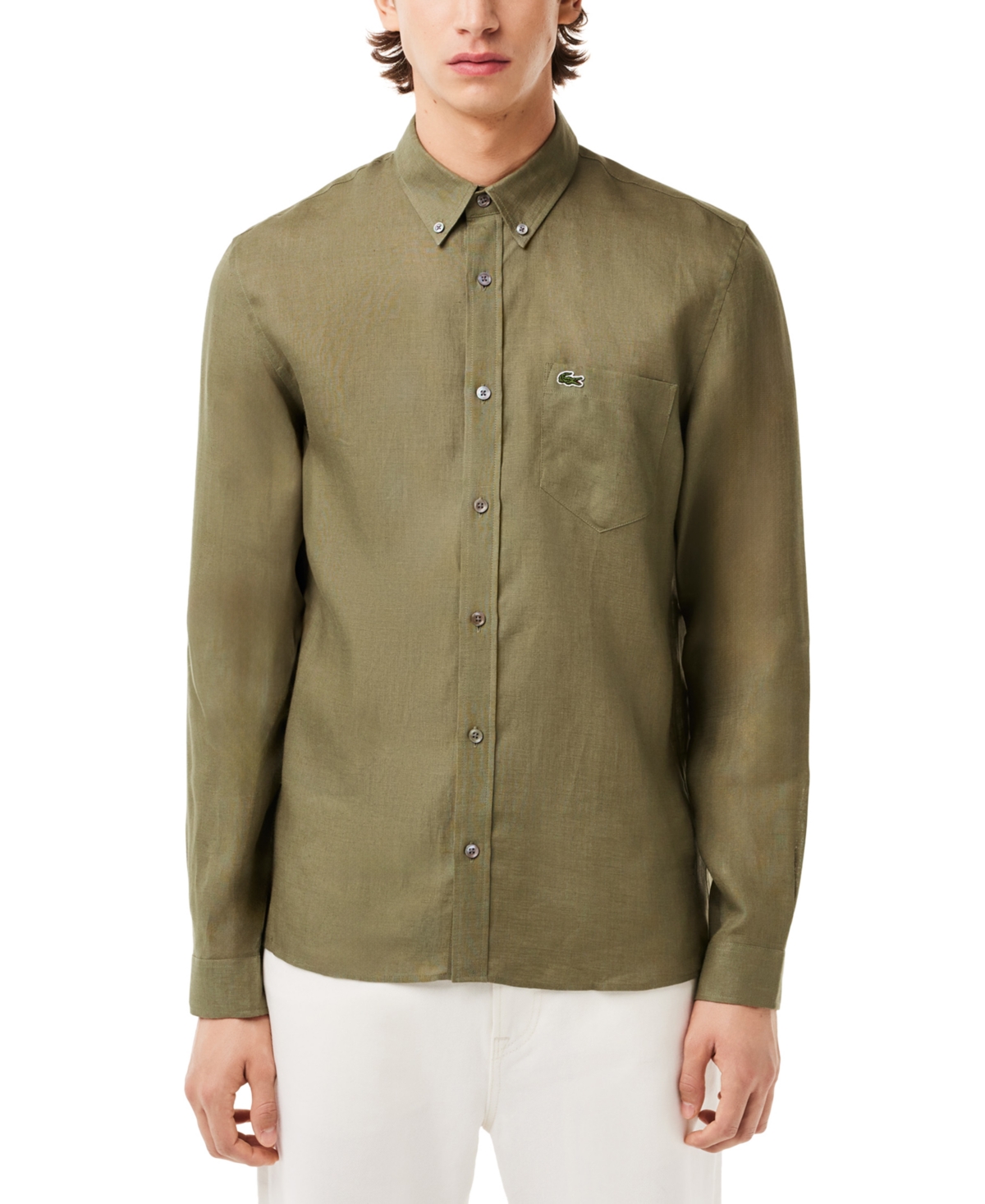 Lacoste Logo-embroidered Linen Shirt In Green