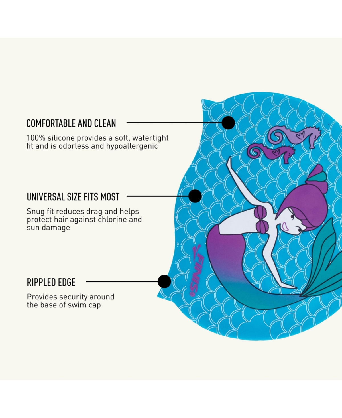 Finis Girls Mermaid Silicone Cap - Fun Swim Cap with a Universal Fit - 100% Silicone Swim Cap with Rippled Edge for a Watertight Seal - Swimming Pool