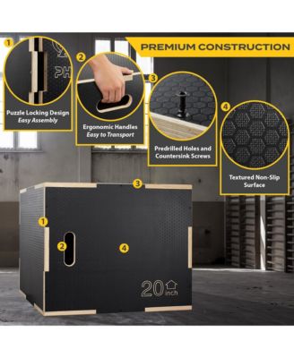 3 in 1 Non-Slip Wood Plyo Box, 24" x 20" x 16", Black, Jump Plyometric Box for Training and Conditioning