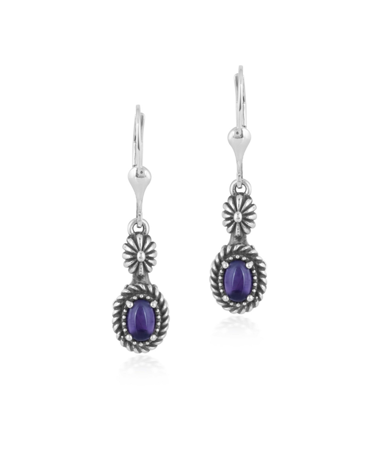Sterling Silver Women's Dangle Earrings Genuine Gemstone Color Floral and Rope Design - Amethyst