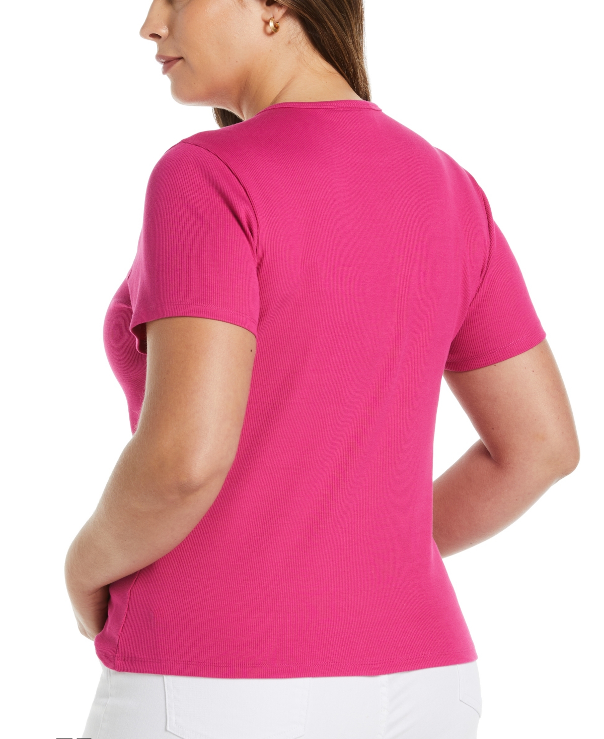 Shop Ella Rafaella Plus Size Ribbed Crew Neck Short Sleeve Top In Cosmo Pink