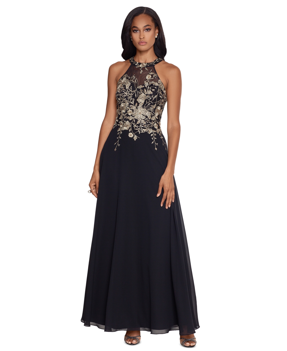 Betsy & Adam Petite Sleeveless Floral-applique Illusion Gown In Black,gold