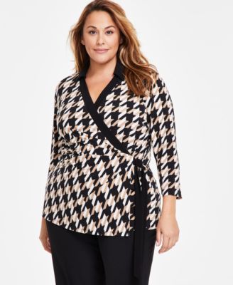 Anne Klein - Plus Size Houndstooth Knit Side-Tie Top