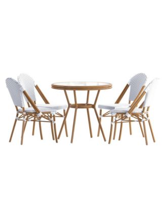 Bamboo Finished Metal Frame Celia Bistro Style Table with Glass Top, Pe Rattan, 4 Stack Chairs