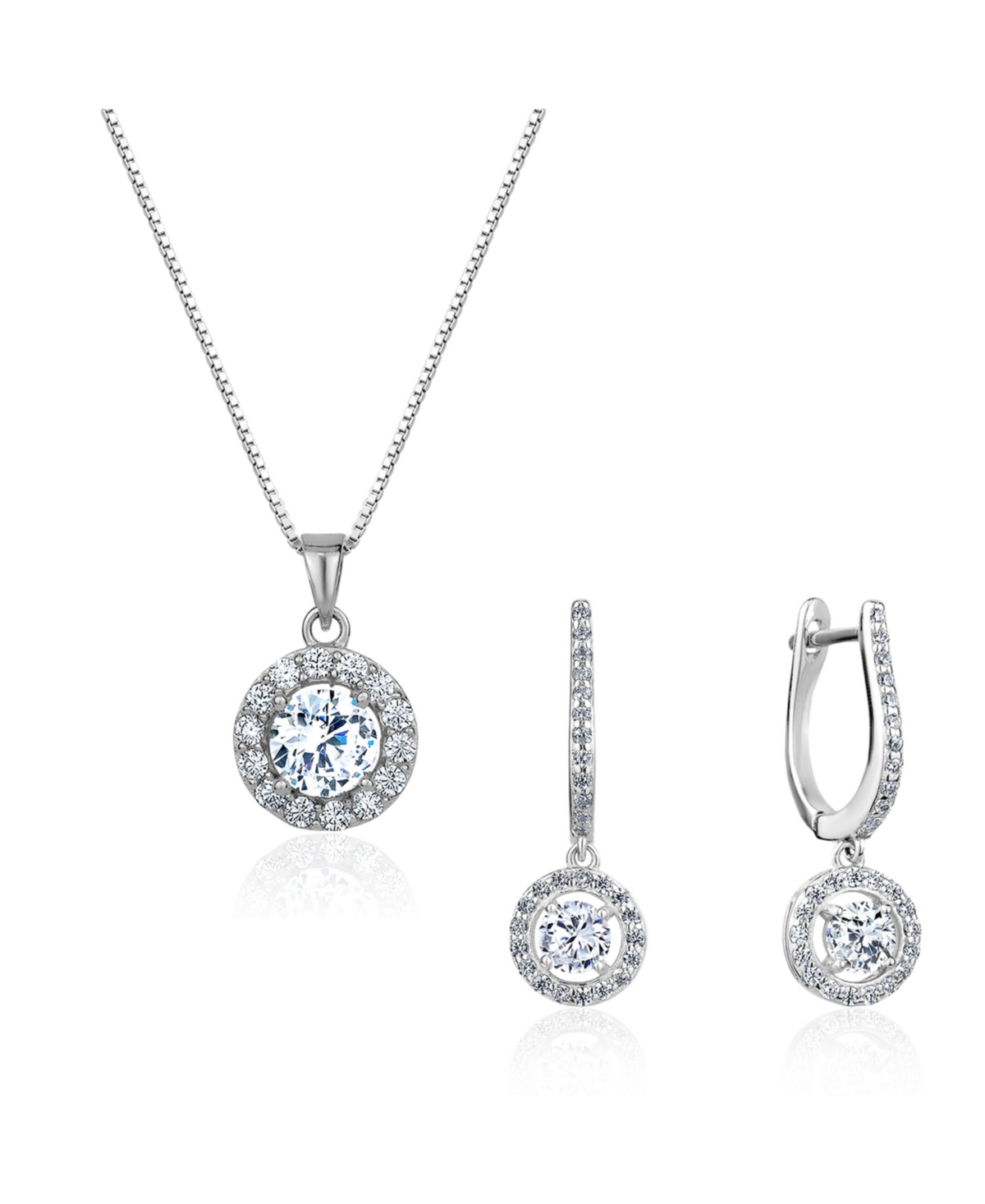 5A Cubic Zirconia Round Necklace and Halo Drop Earrings Set - Silver