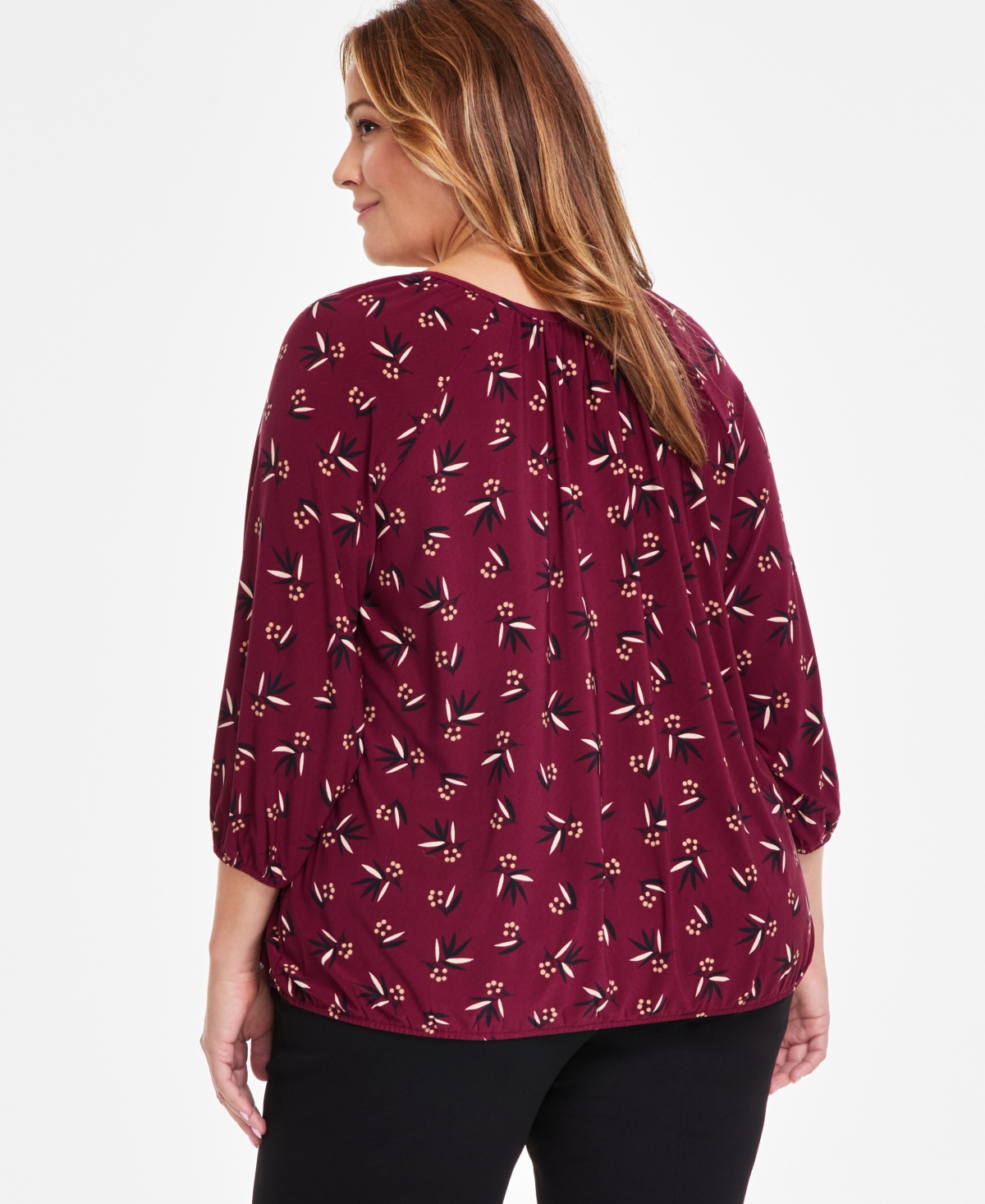 ANNE KLEIN ANNE KLEIN PLUS SIZE 3/4-SLEEVE PEASANT SHIRT 