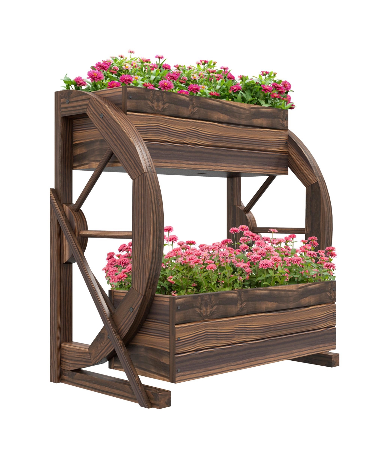 Outsunny Wooden Wagon Planter Box, Decorative 2-Tier Raised Garden Bed