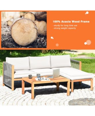 3 Pieces Patio Acacia Wood Sofa Conversation Sets with Nylon Rope Armrest