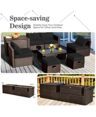 8 Pieces Patio Space-Saving Rattan Conversation Sets with Storage Box and Waterproof Cover