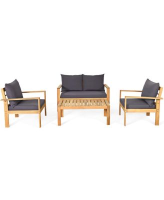 Outdoor 4 Pieces Acacia Wood Conversation Sets with Water Resistant Cushions