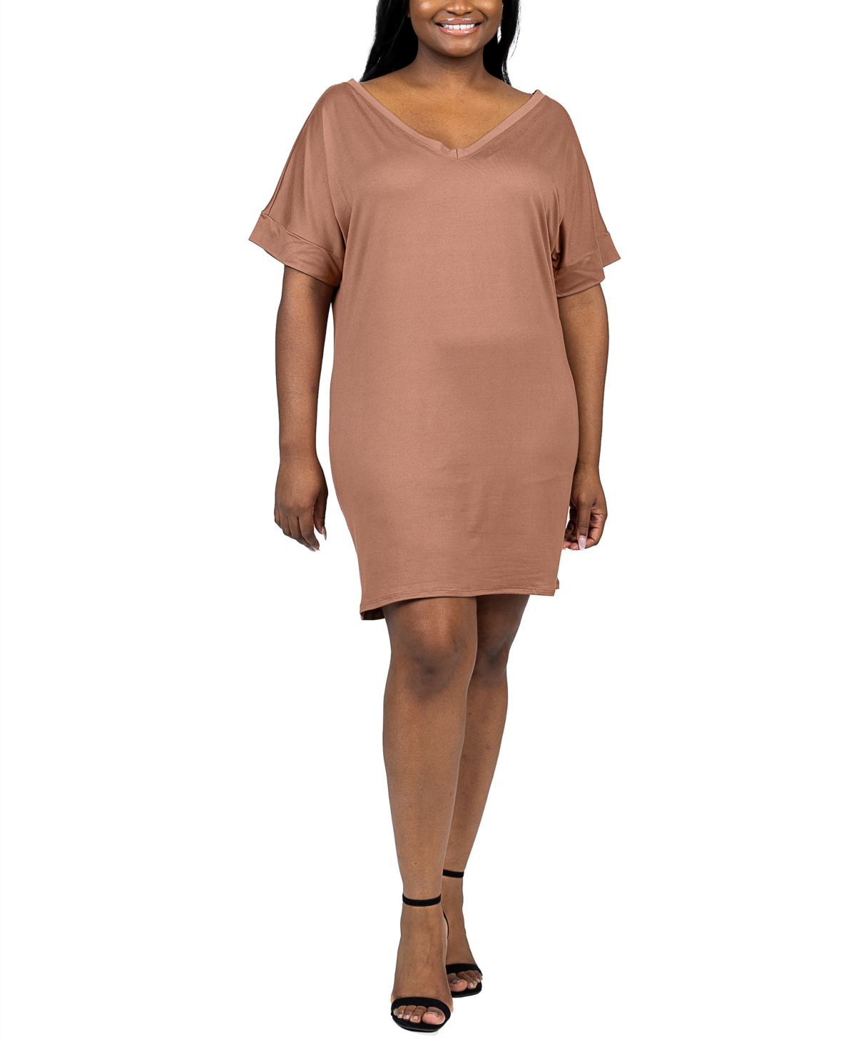 24SEVEN COMFORT APPAREL PLUS SIZE LOOSE FIT V-NECK T SHIRT DRESS 