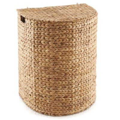 Half Moon Laundry Hamper with Lid and Removable Liner Bag - Espresso Dark Brown, Woven Water Hyacinth Laundry Basket Sorter for Clothes