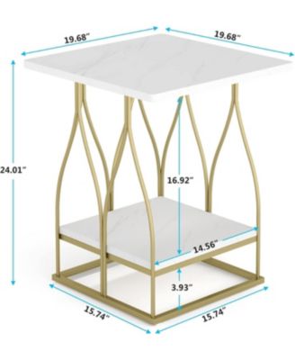 Side Table, Faux Marble End Table with 2 Tier Storage Shelf, Modern Square Accent Table for Living Room, Bedroom