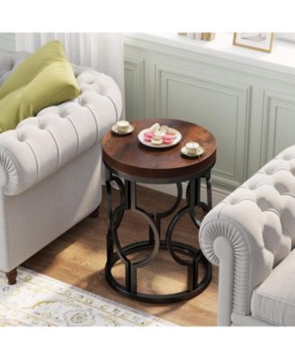 Round End Table, Industrial SideTable with Metal Hollow Frame, Small Bedside Table Nightstand for Living Room, Bedroom, Easy Assembly